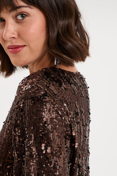 T-shirt &agrave; sequins manches courtes marron fonc&eacute; femme