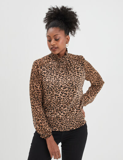 Blouse manches longues à col montant beige femme