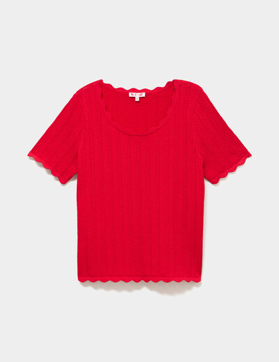 Pull col rond textur&eacute; manches courtes rouge femme