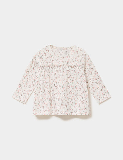T-shirt manches longues col rond coton ecru b&eacute;b&eacute; fille