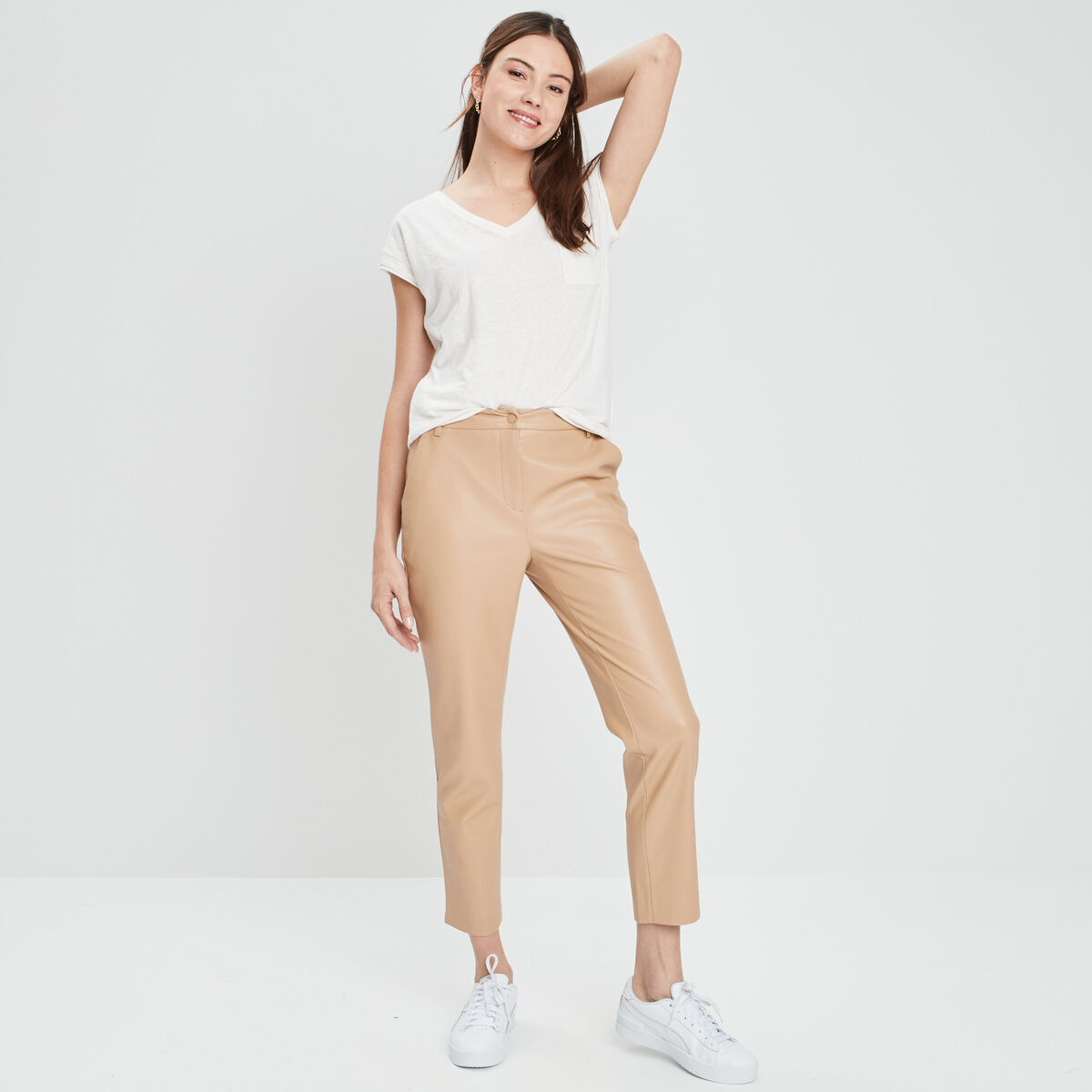 Pantalon ajusté 7/8 ème simili cuir sable femme