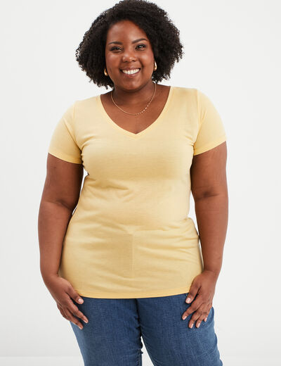T-shirt manches courtes col V jaune clair femme grande taille
