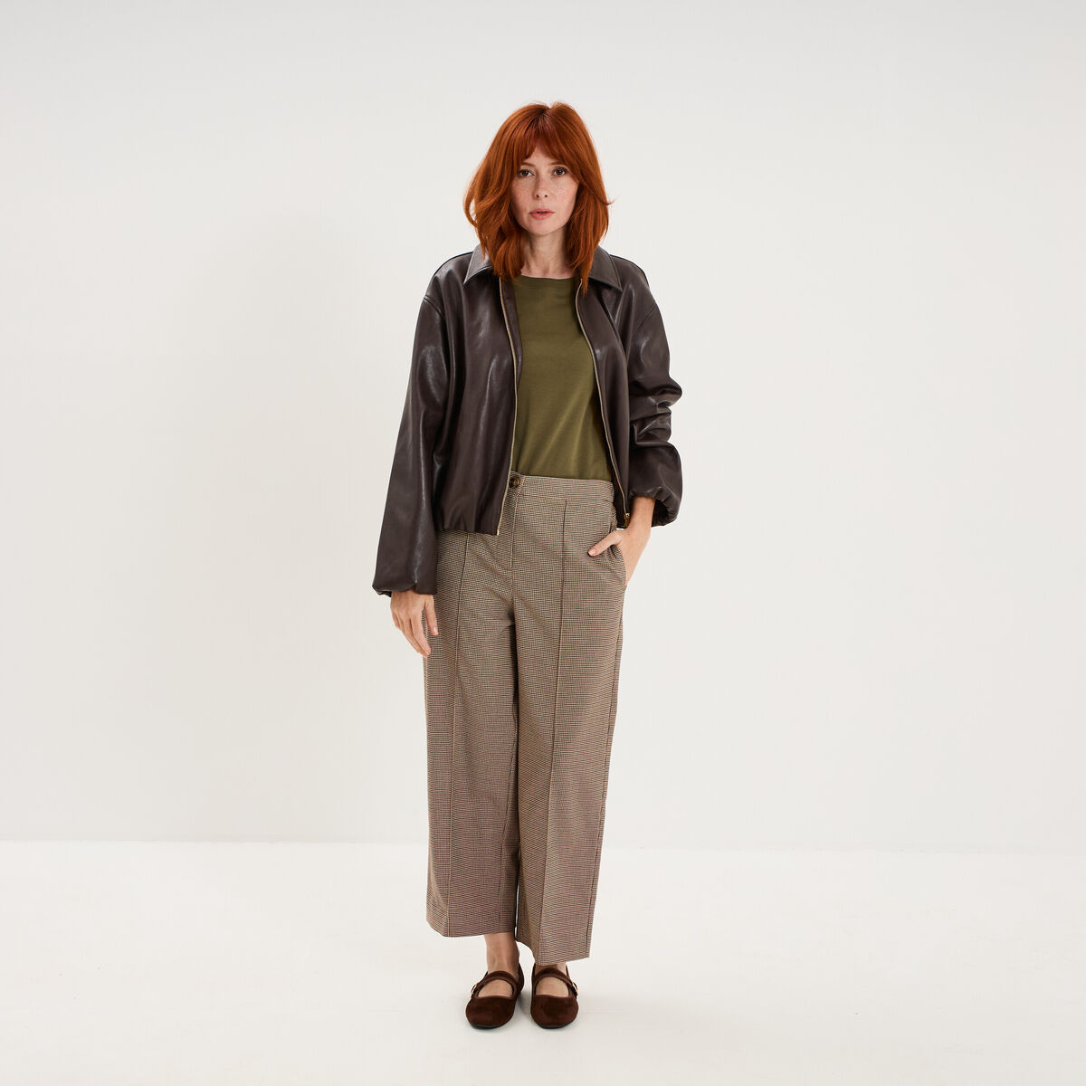 Pantalon droit cropped taille haute marron femme