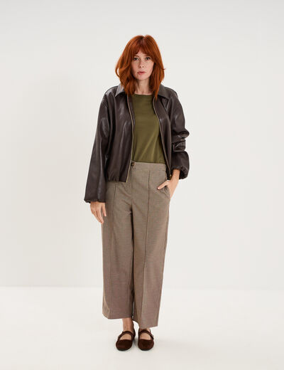 Pantalon droit cropped taille haute marron femme