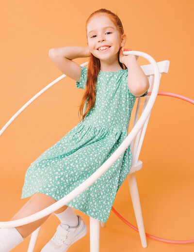 Robe manches courtes col rond coton vert fille