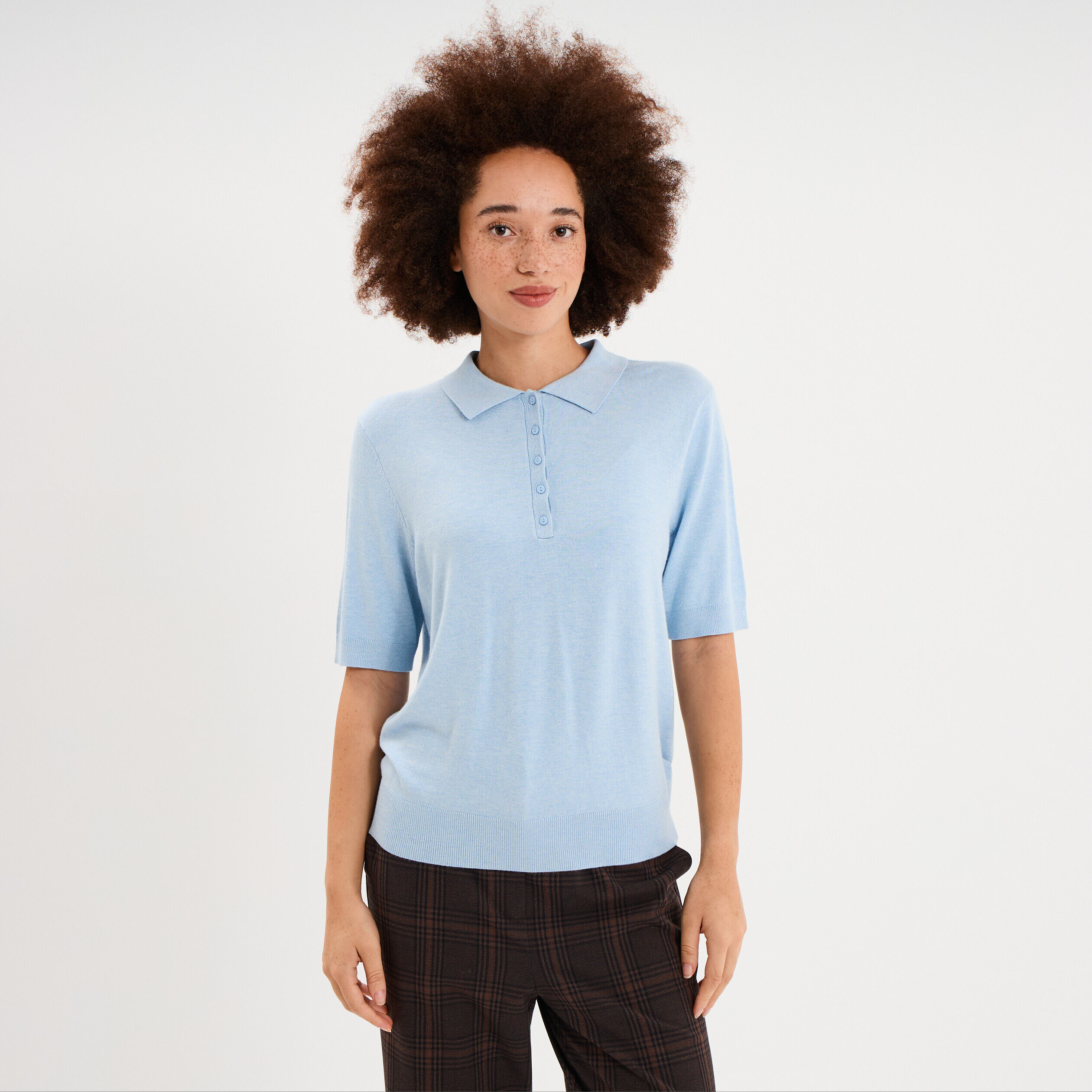 Pull col polo manches courtes bleu femme