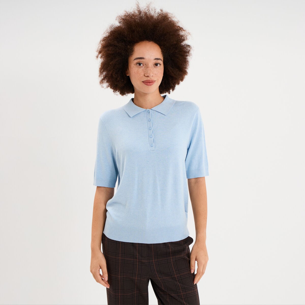 Pull col polo manches courtes bleu femme