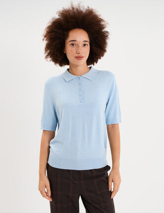 Pull col polo manches courtes bleu femme