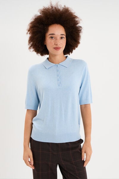 Pull col polo manches courtes bleu femme