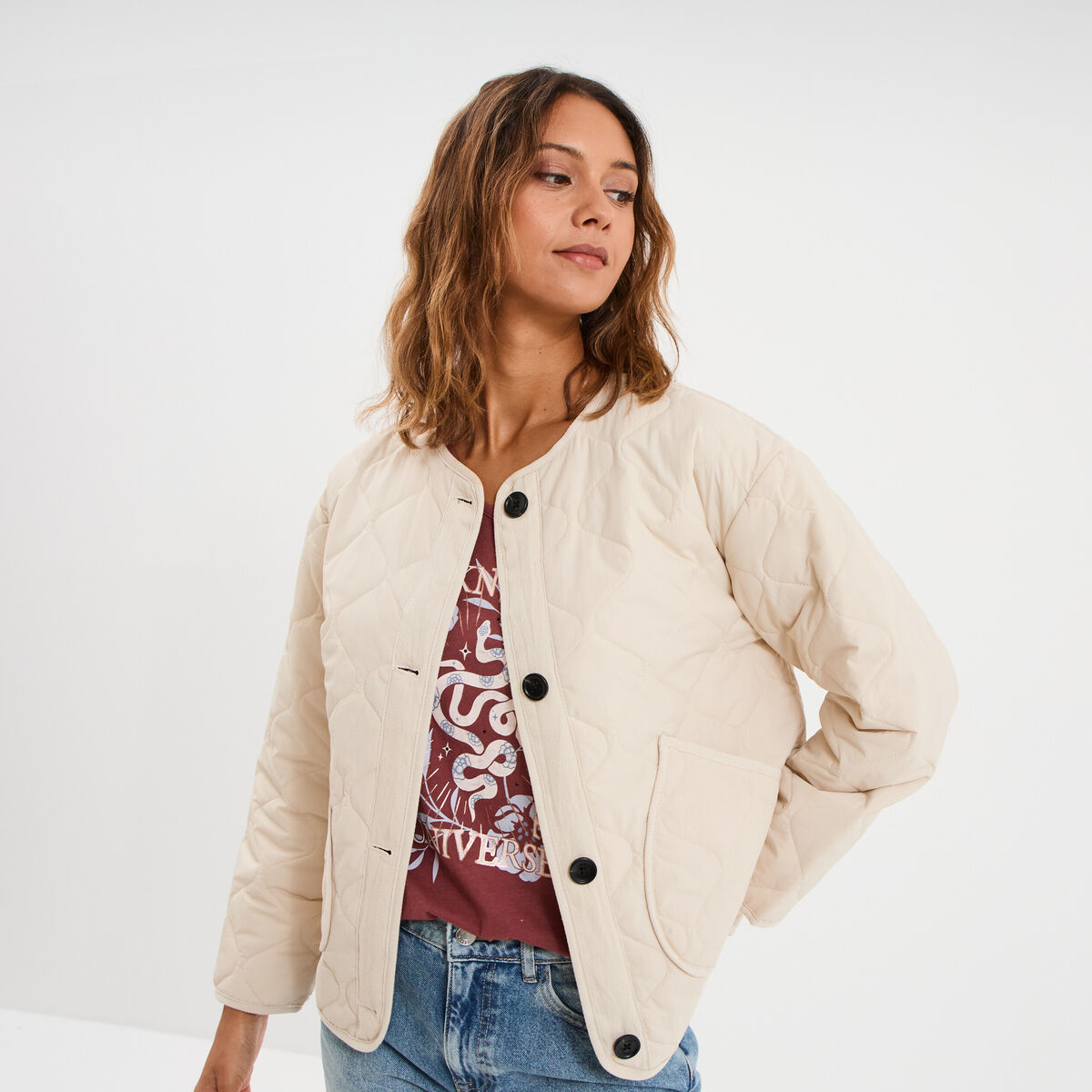Veste matelass&eacute;e boutonn&eacute;e col rond sable femme