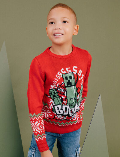 Pull manches longues Minecraft Creeper rouge garçon
