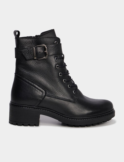 Boots crantées à lacets en cuir noir femme