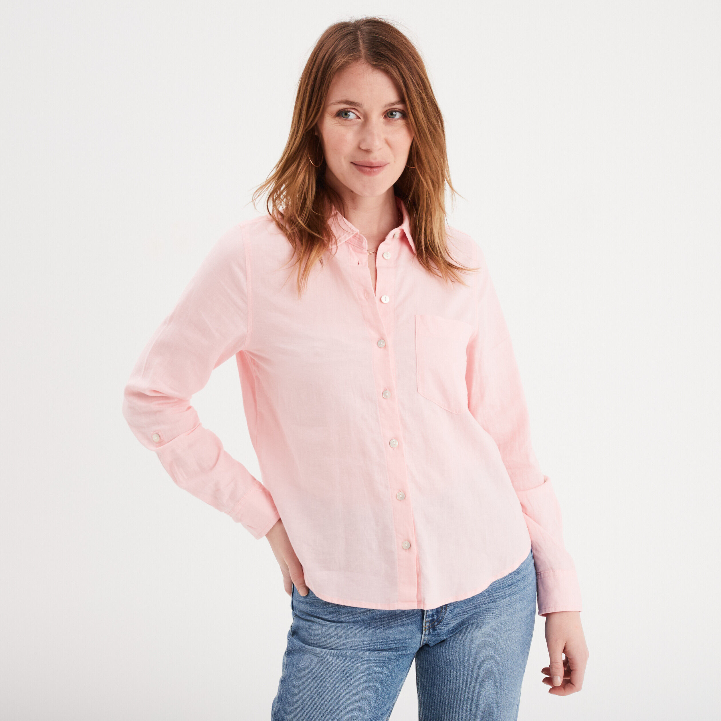 Chemise en lin manches retroussables rose clair femme LH