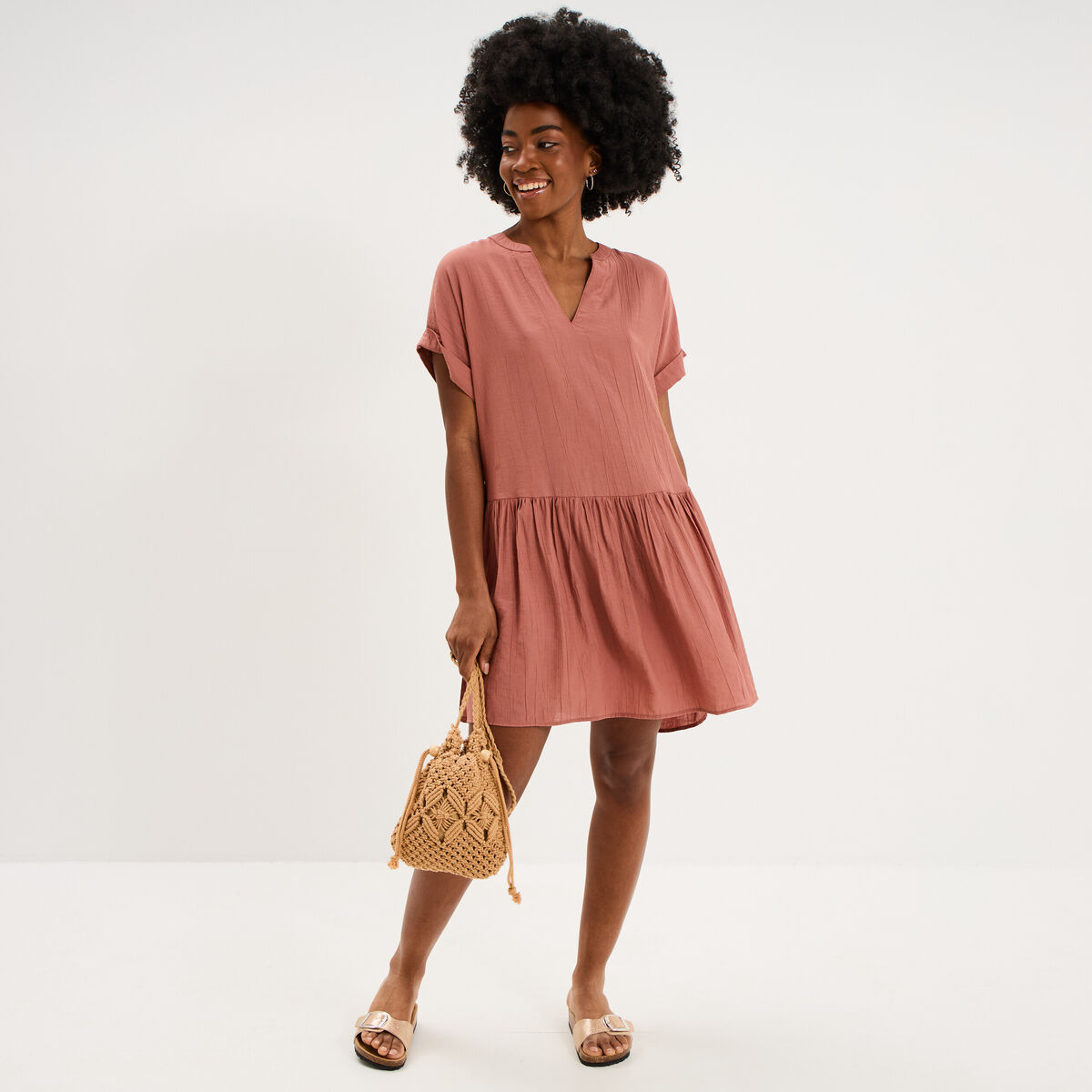 Robe courte fluide bas volants terracotta femme