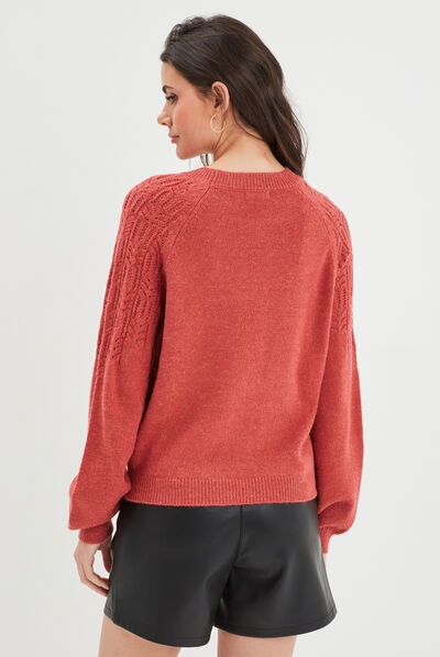 Pull manches ballons détails ajourés rose framboise femme