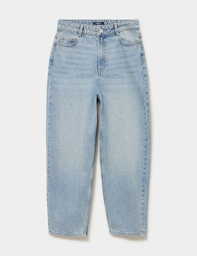 Jean balloon taille haute cropped coton bleu gris femme