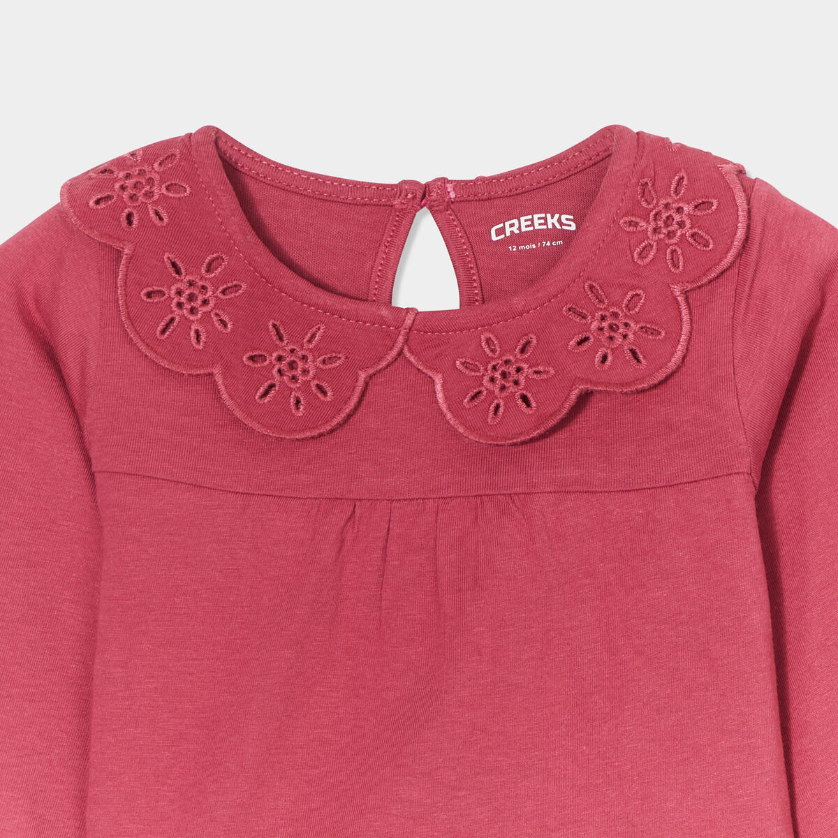 T-shirt col claudine broderie anglaise rose framboise bébé fille