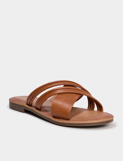 Mules plates avec brides crois&eacute;es marron femme