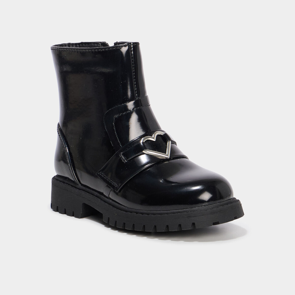 Boots vernies d&eacute;tails bijoux coeur noir fille