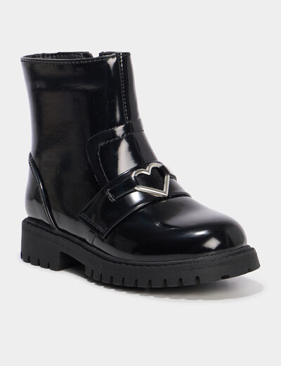 Boots vernies d&eacute;tails bijoux coeur noir fille