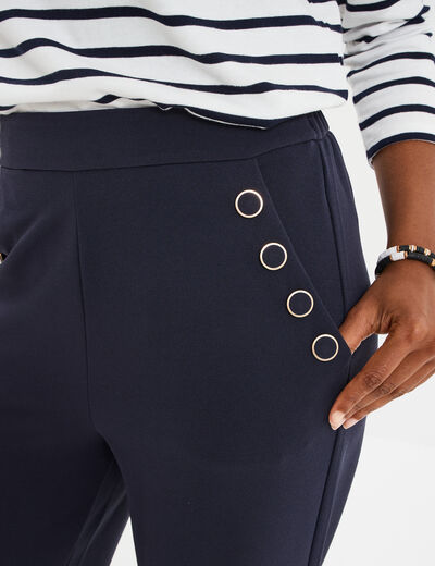 Pantalon droit à pont taille élastiquée bleu foncé femme