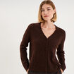 Gilet cardigan ajour&eacute; manches longues marron fonc&eacute; femme