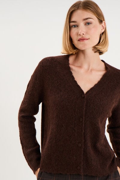 Gilet cardigan ajour&eacute; manches longues marron fonc&eacute; femme