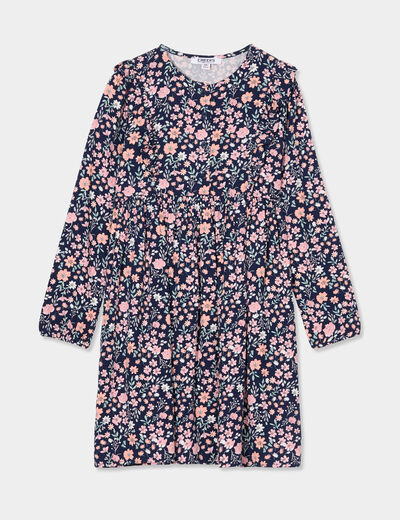 Robe manches longues épaules volants bleu marine fille