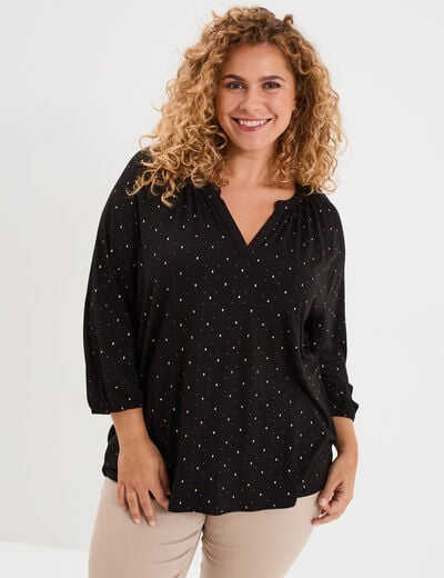 Blouse col en V manches 3/4 noir femme grande taille