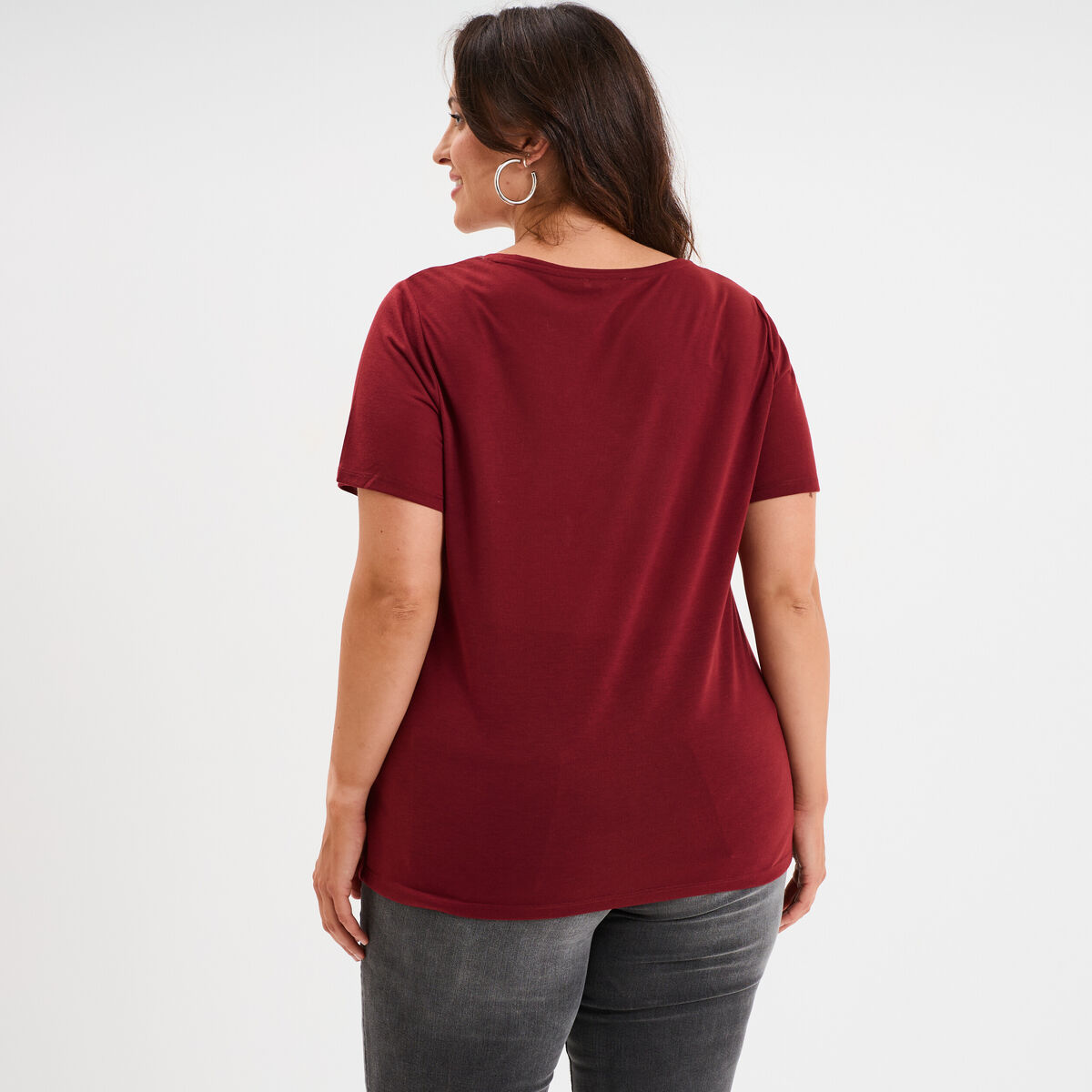 T-shirt manches courtes col V bordeaux femme grande taille