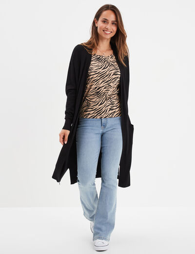 Gilet long droit avec poches noir femme