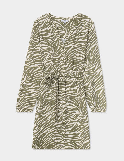 Robe courte ceinturée col tusinien vert kaki femme