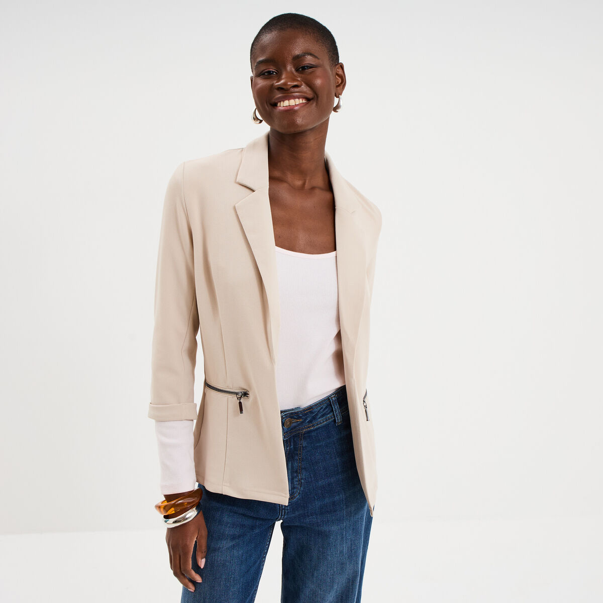Veste blazer cintr&eacute; manches 3/4 beige femme