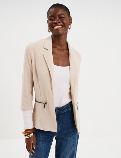 Veste blazer cintr&eacute; manches 3/4 beige femme