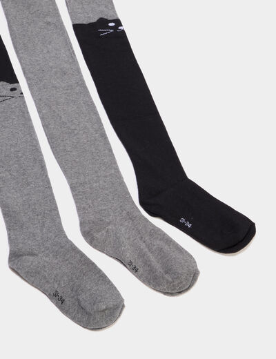 Lot 3 collants coton d&eacute;tail chat gris fille