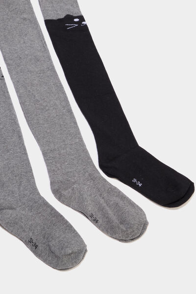 Lot 3 collants coton d&eacute;tail chat gris fille