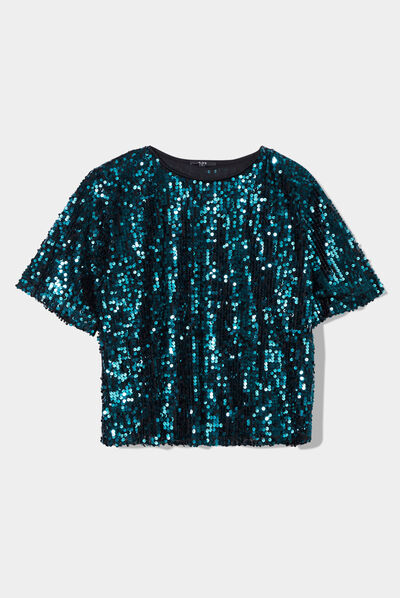 T-shirt à sequins manches courtes droit vert canard femme