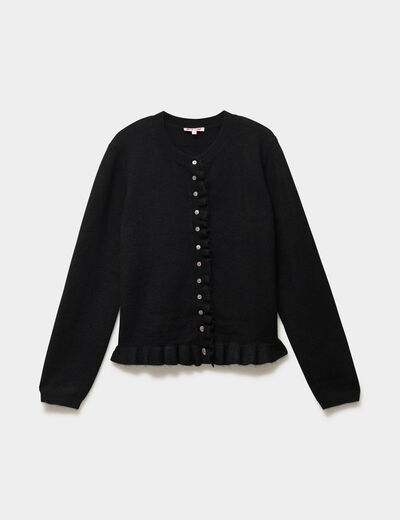 Gilet col rond &agrave; volants boutonn&eacute; noir femme