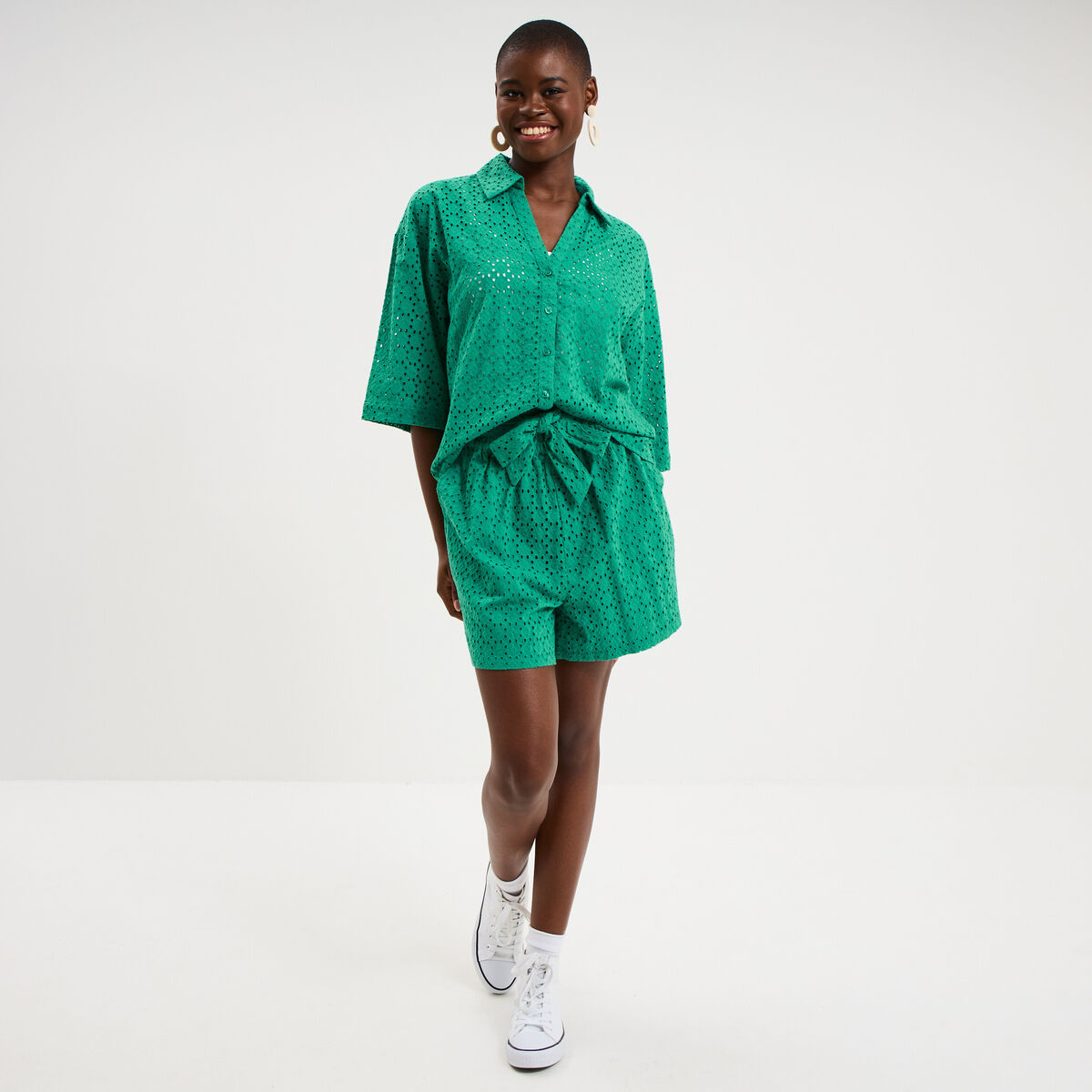 Chemise broderie anglaise coton vert canard femme