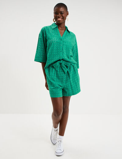 Chemise broderie anglaise coton vert canard femme