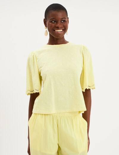 T-shirt brod&eacute; manches courtes coton jaune clair femme