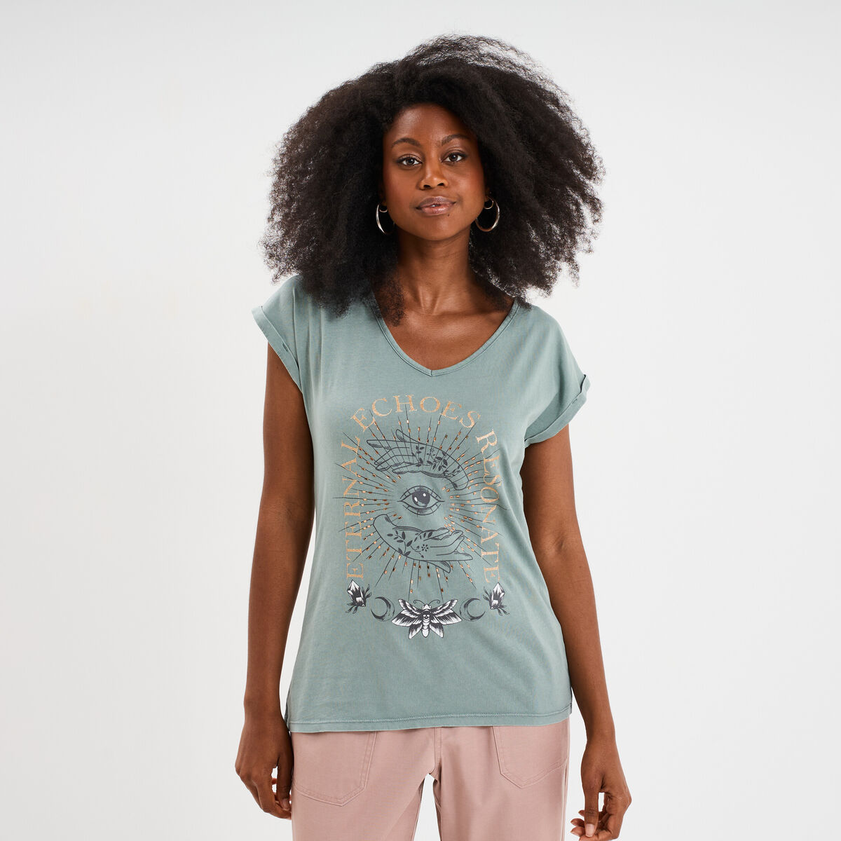 T-shirt coton col en V manches courtes bleu canard femme