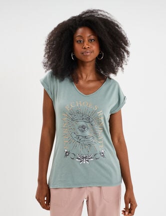 T-shirt coton col en V manches courtes bleu canard femme