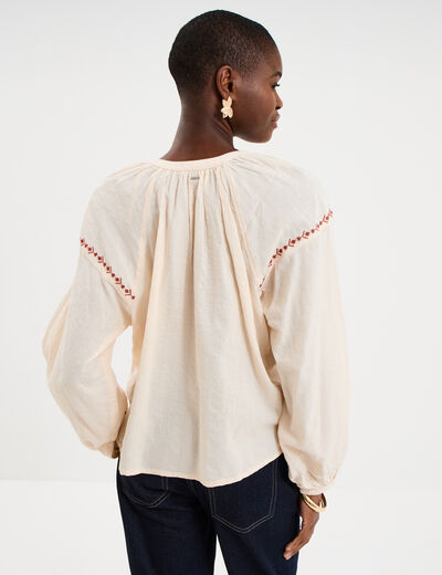 Blouse brod&eacute;e manches longues coton beige femme