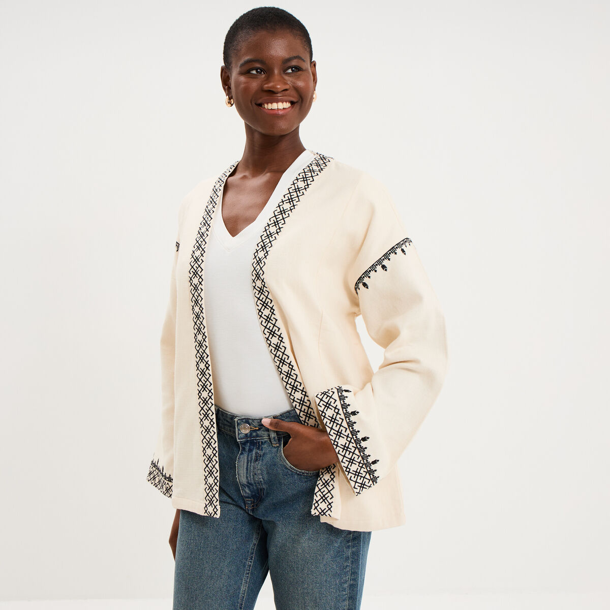 Veste esprit kimono brod&eacute;e coton ivoire femme