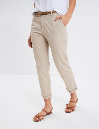 Pantalon chino 7/8ème ceinture tressée beige femme