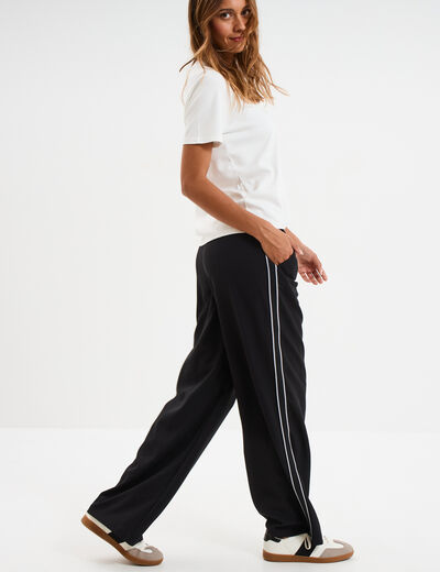 Pantalon fluide élastiqué avec bandes noir femme