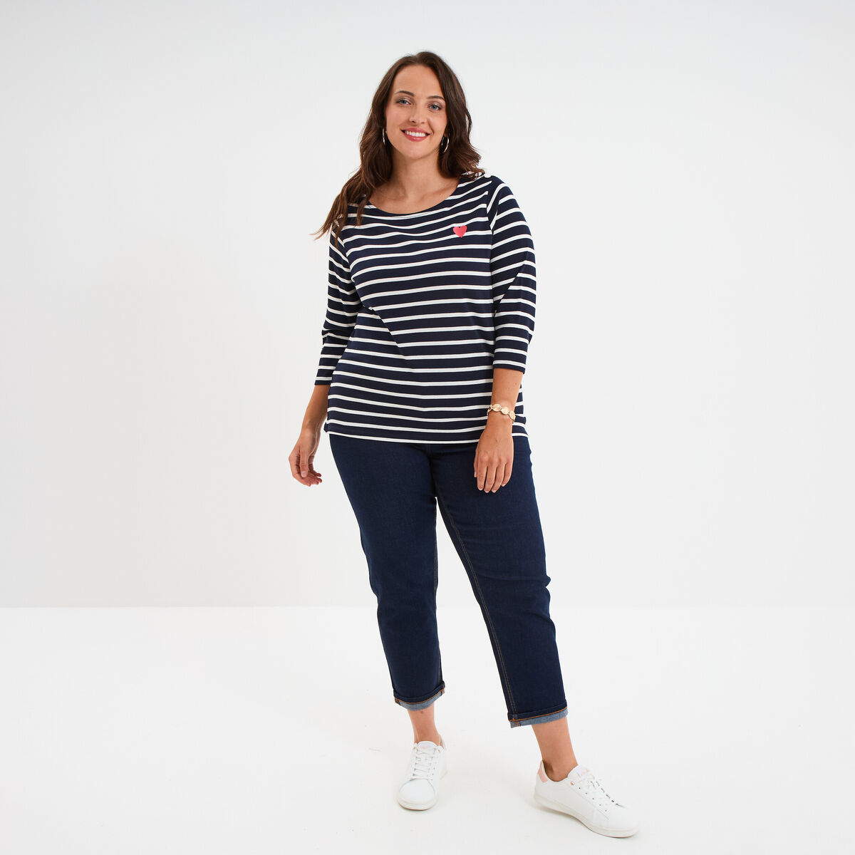 T-shirt col rond manches 3/4 coton noir femme grande taille