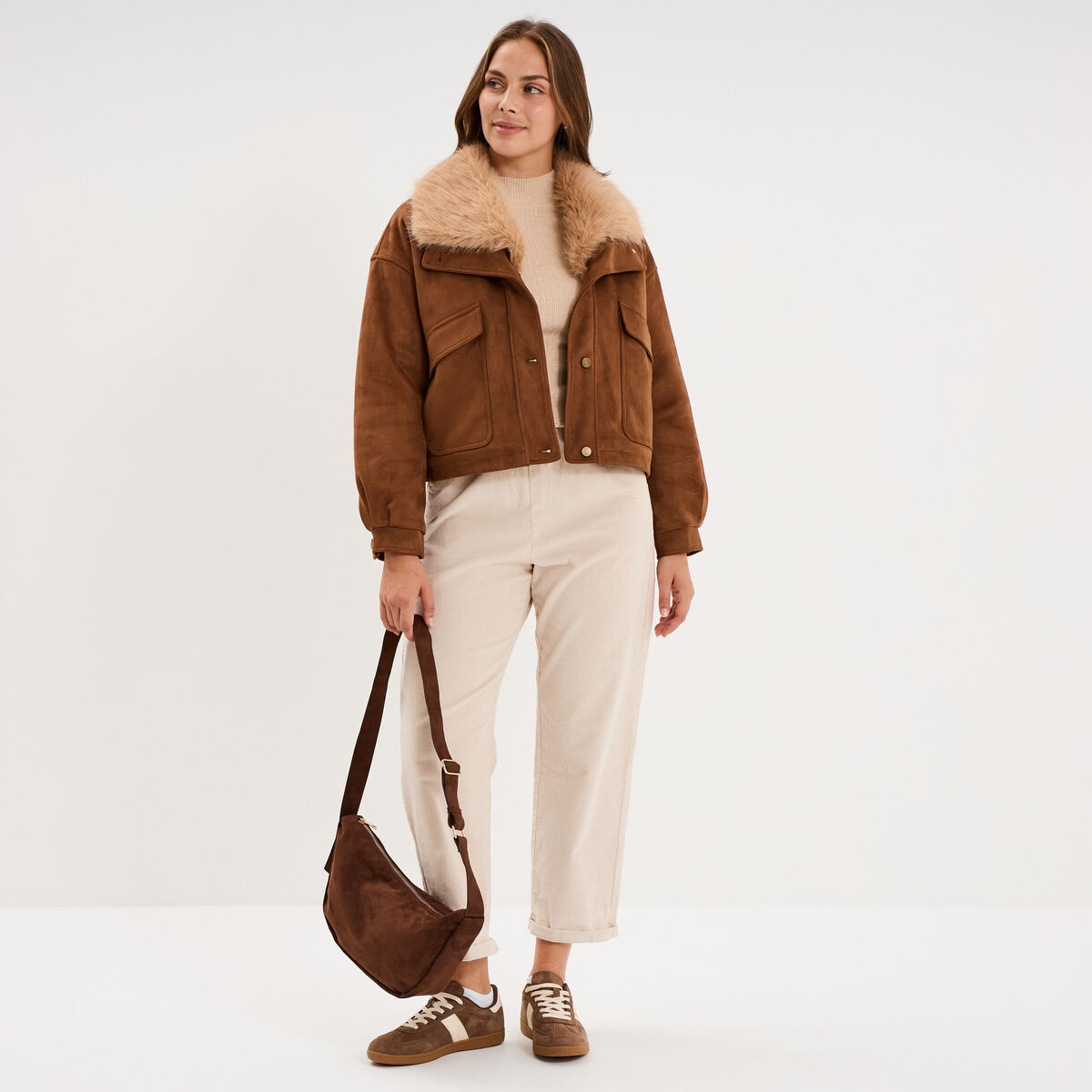 Veste effet su&eacute;dine col fausse fourrure marron femme