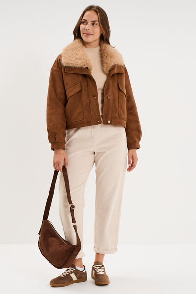 Veste effet su&eacute;dine col fausse fourrure marron femme